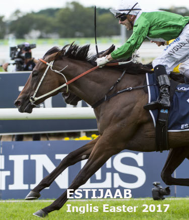 Estijaab (Snitzel-Response) ridden by Brenton Avdulla strides to the post to win the Longines Golden Slipper Z(G1) over 1200m at Rosehill Gardens. 24 March 2018. Photo credit Darren Tindale / The Image is Everything.
